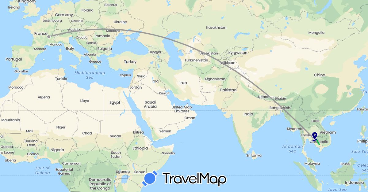 TravelMap itinerary: driving, bus, plane in France, Cambodia (Asia, Europe)